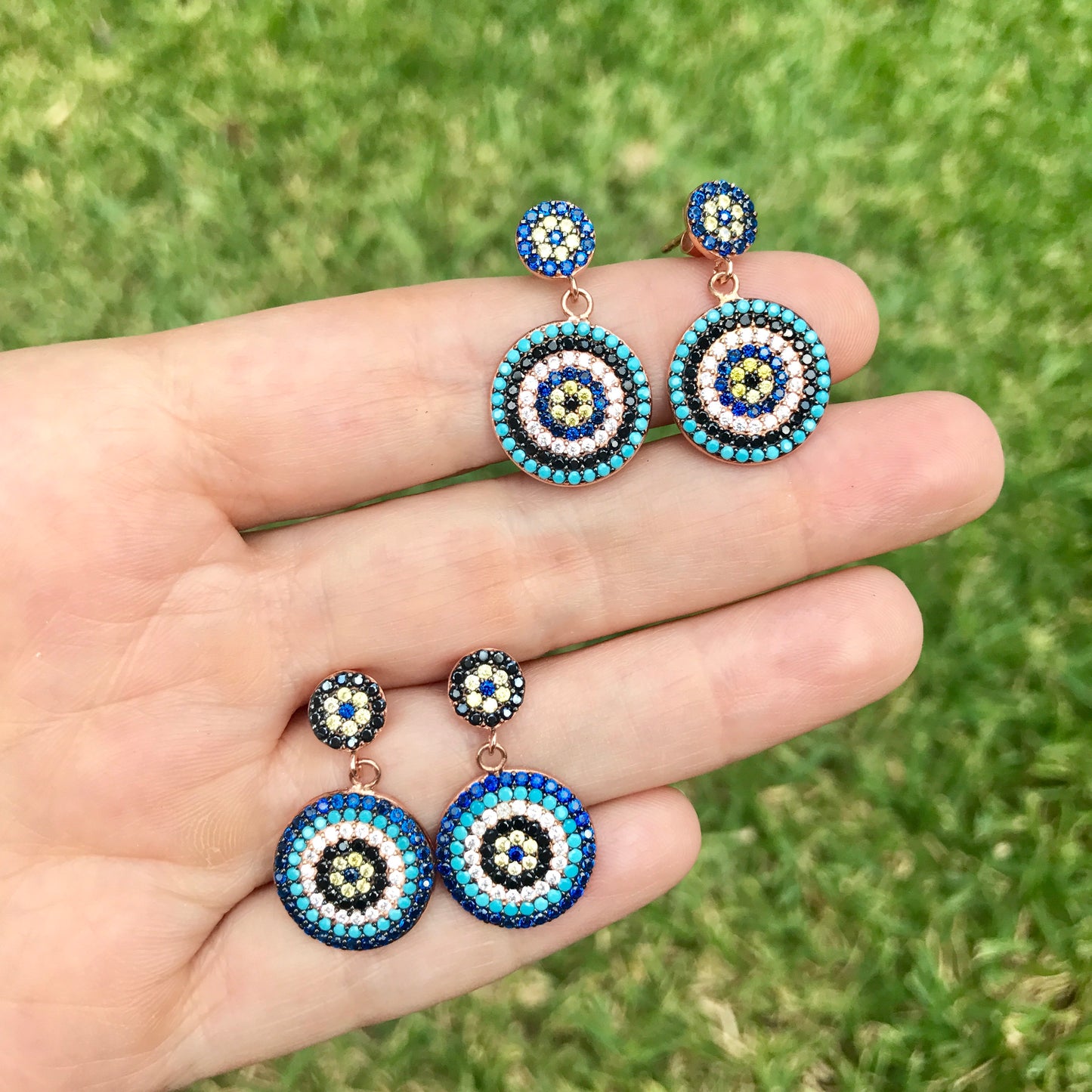 Arete de plata con CIRCULO con piedras TURQUESAS y ZAFIROS