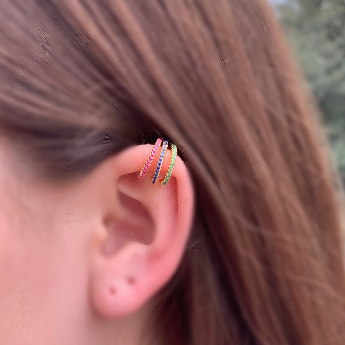 Aretes CUFF de plata con ZIRCONIAS de COLORES