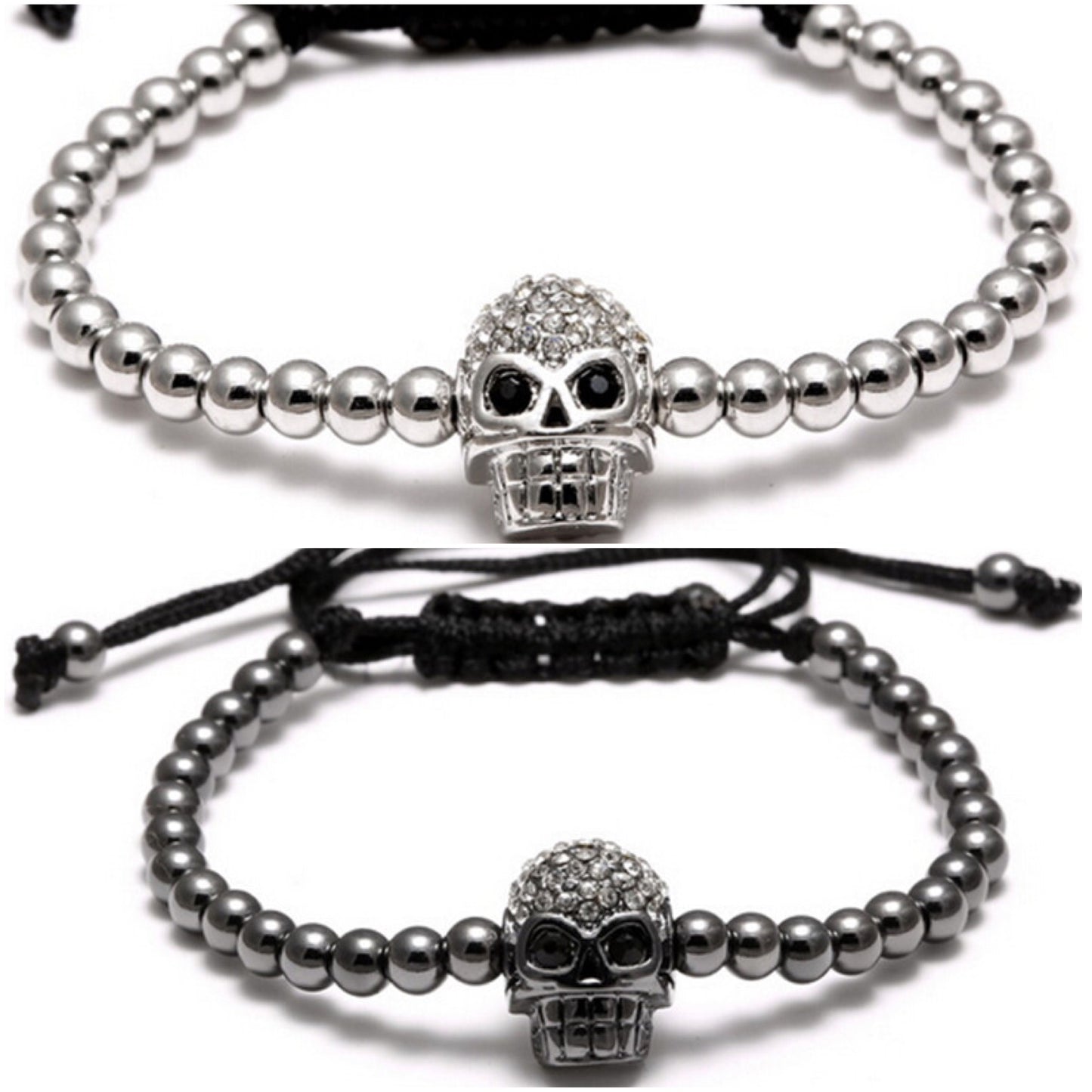 Pulseras AJUSTABLES UNISEX de bolitas de ACERO INOXIDABLE con CALAVERA