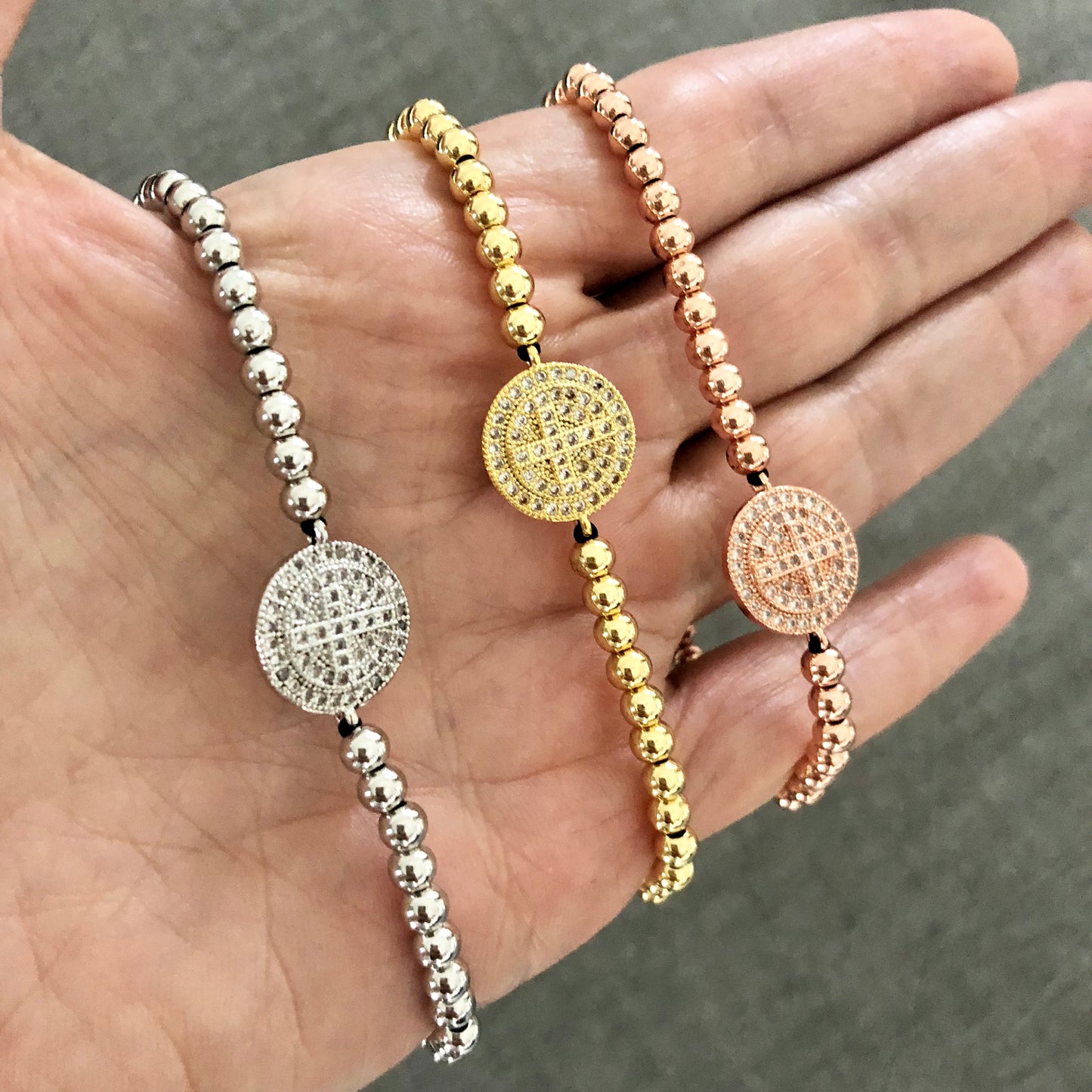 Pulseras AJUSTABLES de bolitas de ACERO INOXIDABLE con CRUZ