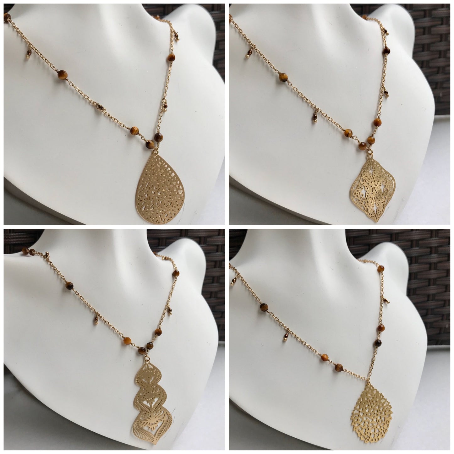 Collar de Oro Brasileño con Piedras Naturales de OJO DE TIGRE y con DIJE