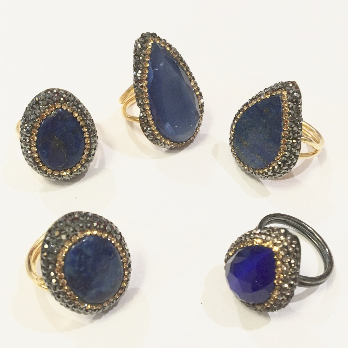 Anillos de plata con piedra natural y cristales color AZUL con DORADO