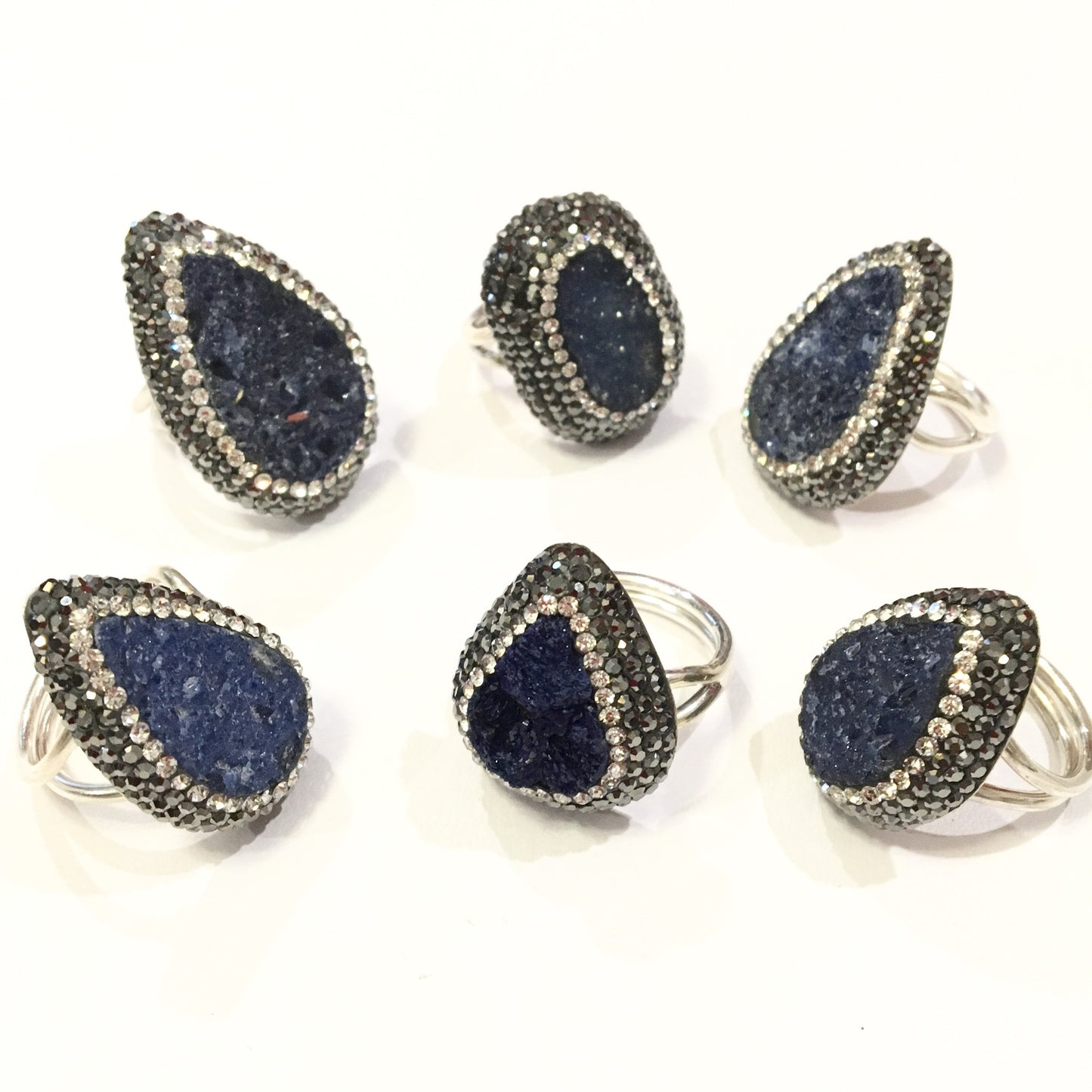 Anillos de plata con piedra natural DRUZY AZUL y cristales