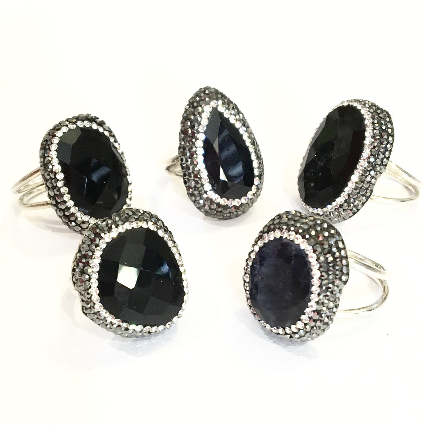 Anillos de plata con piedra natural y cristales en NEGRO