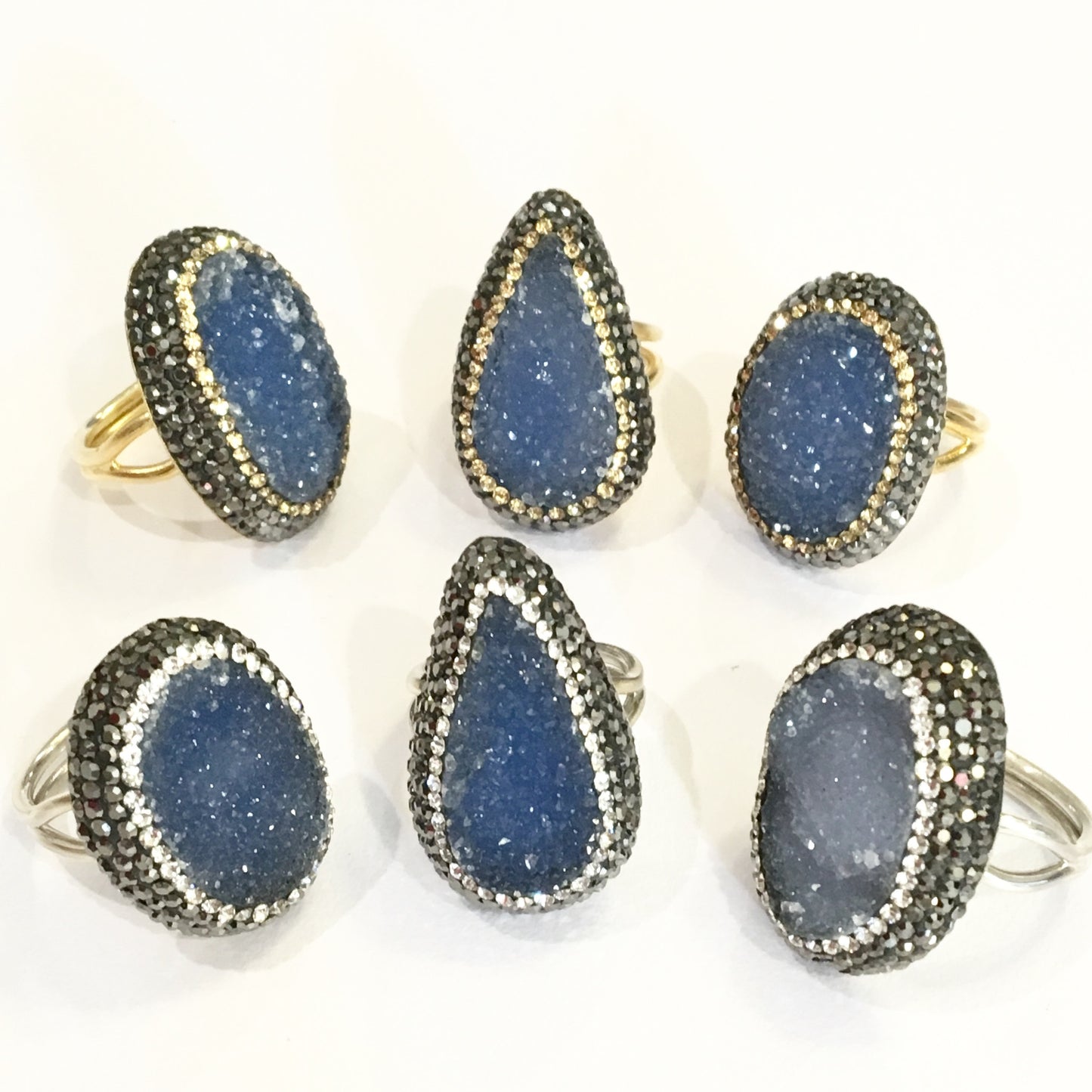 Anillos de plata con piedra natural DRUZY AZUL/GRIS y cristales