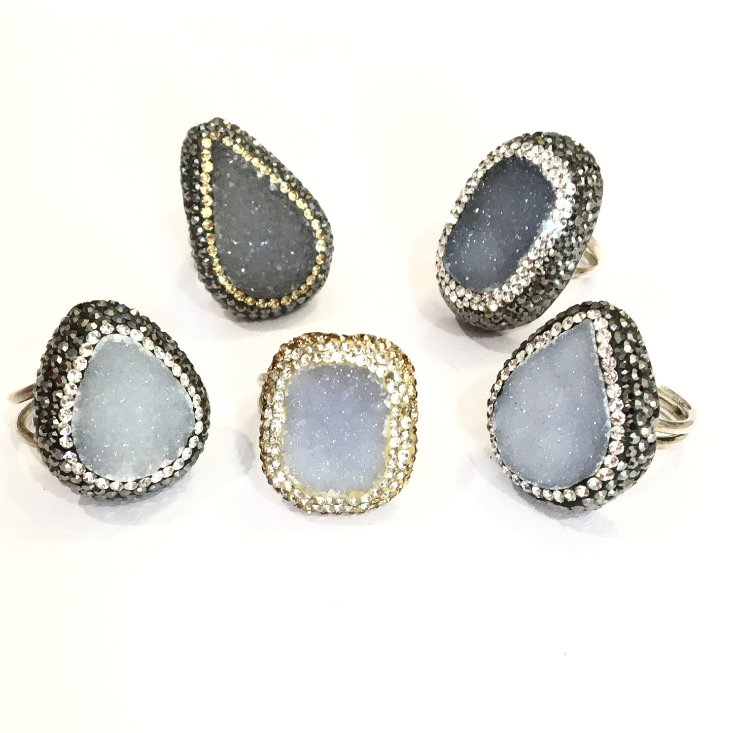 Anillos de plata con piedra natural y cristales GRIS/AZULOSO