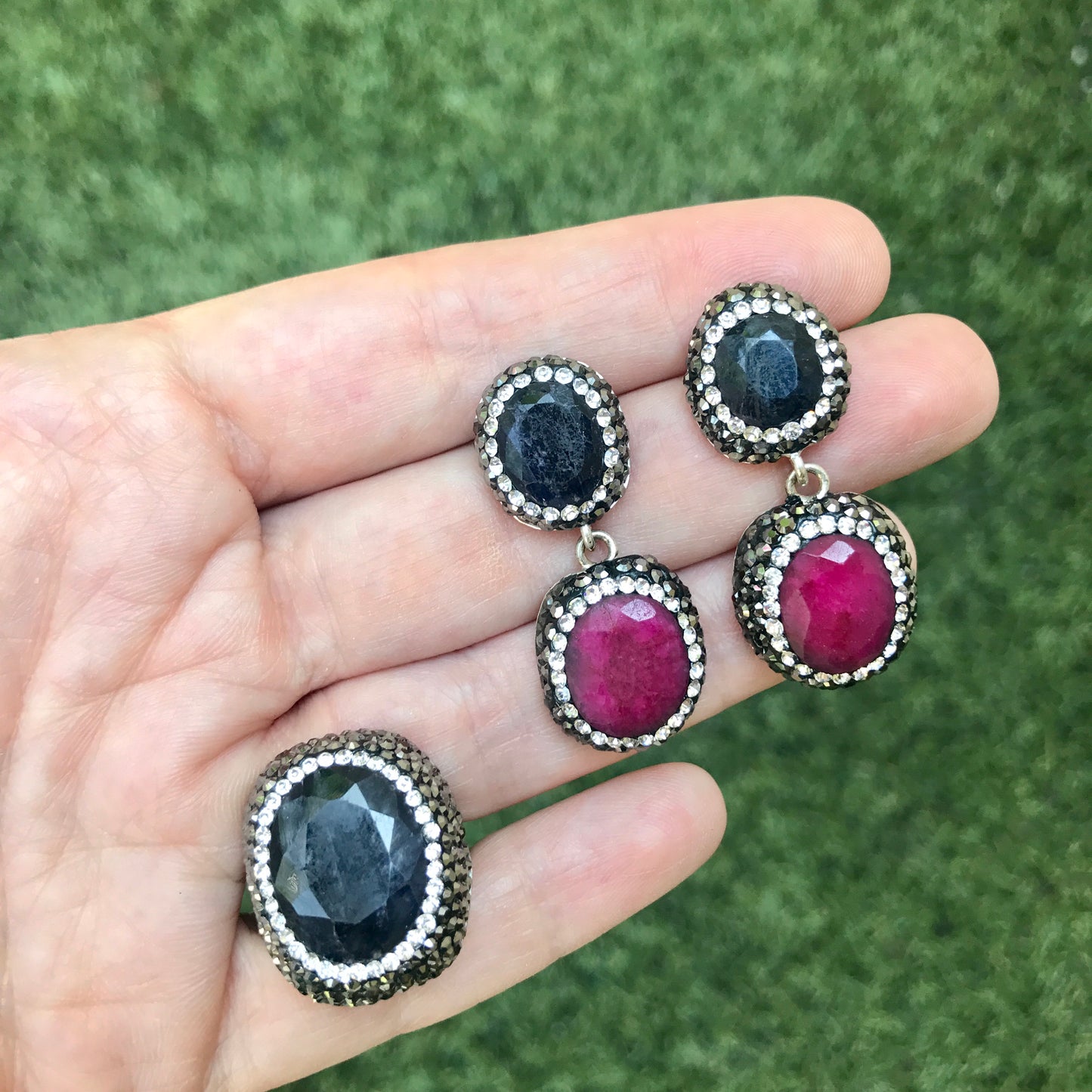 Juego de plata de aretes DOBLES y ANILLO de piedra Natural