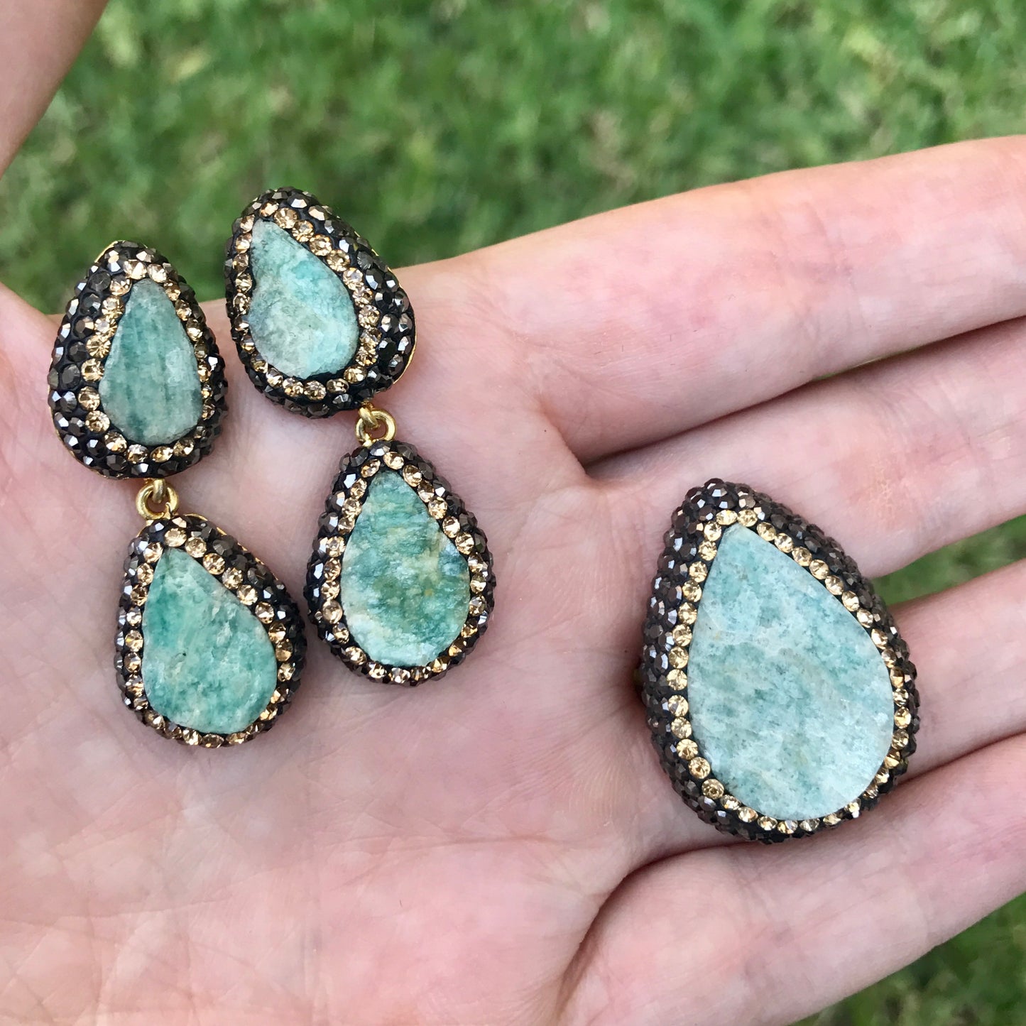 Juego de plata de aretes DOBLES y ANILLO de piedra Natural