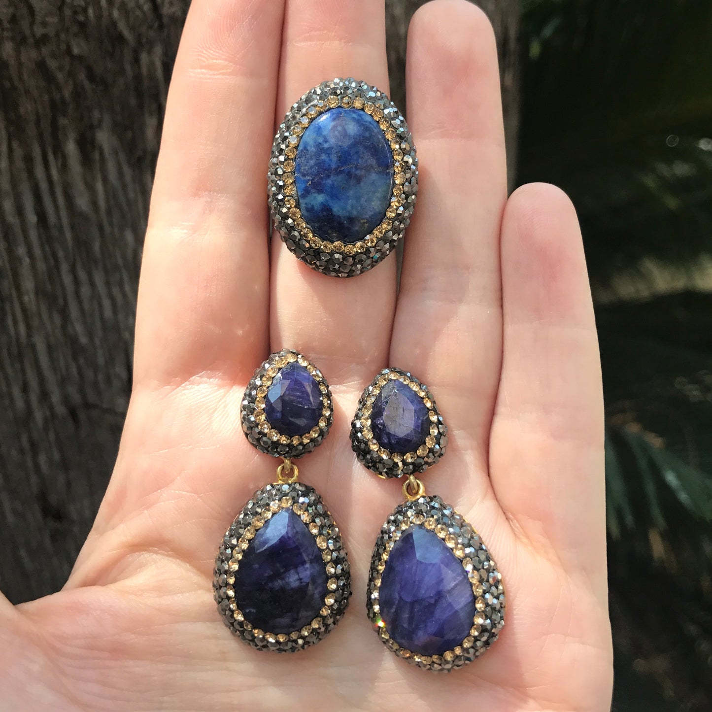 Juego de plata de aretes DOBLES y ANILLO de piedra Natural