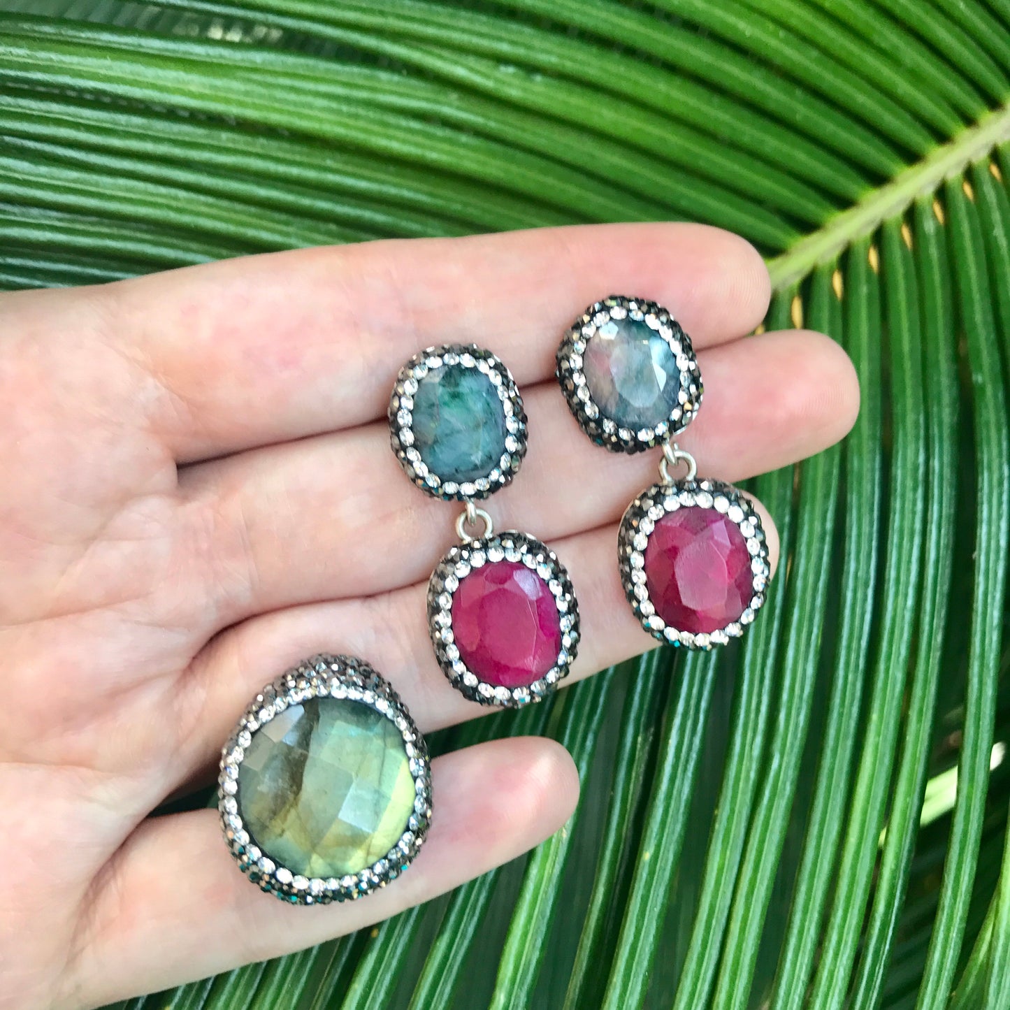 Juego de plata de aretes DOBLES y ANILLO de piedra Natural