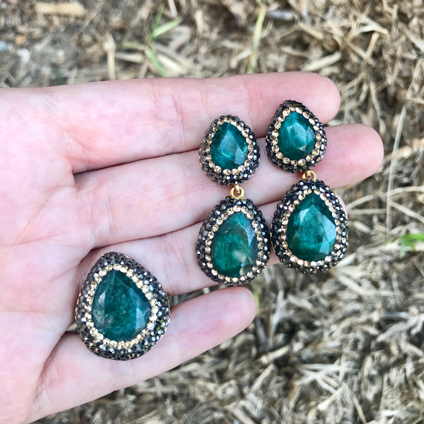 Juego de plata de aretes DOBLES y ANILLO de piedra Natural