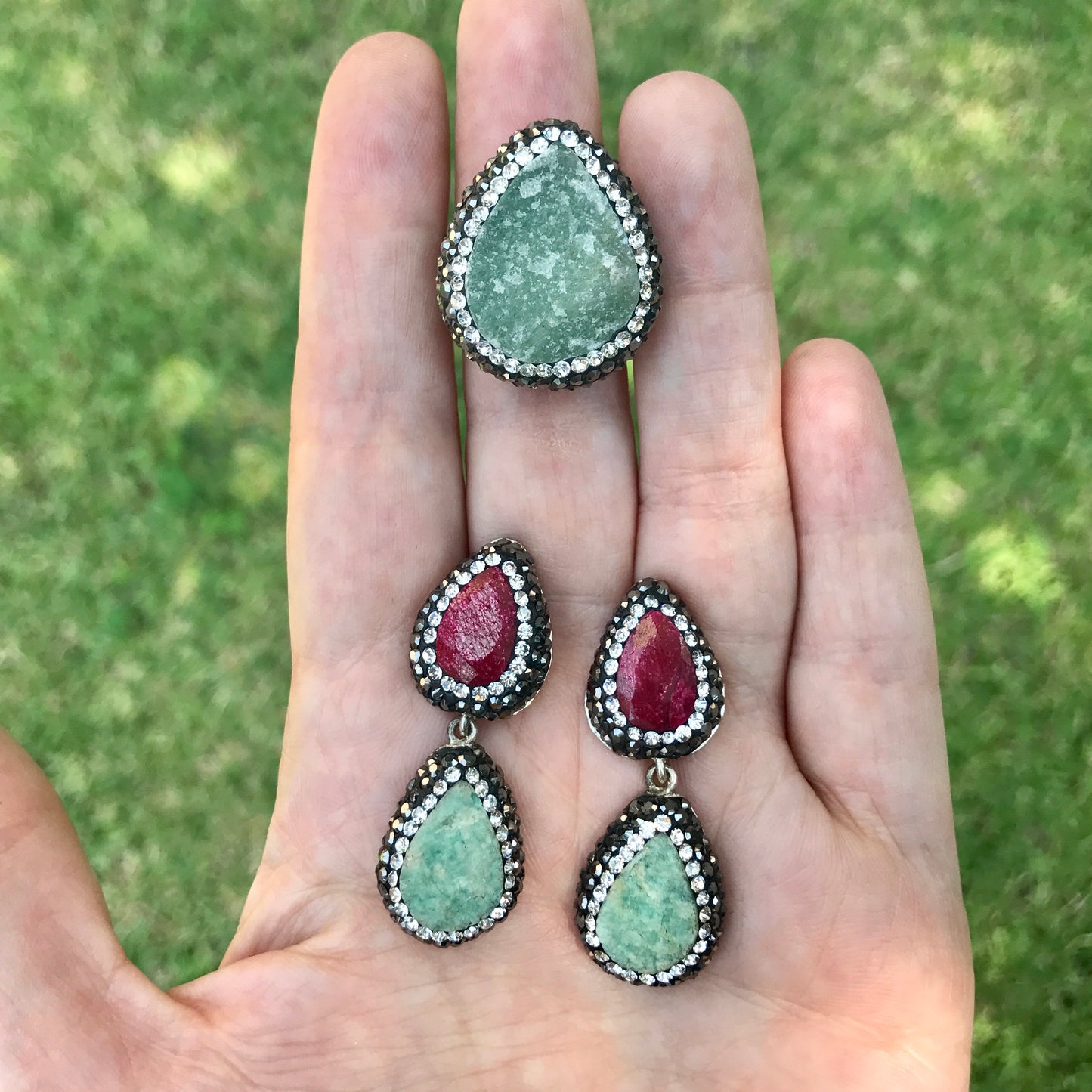 Juego de plata de aretes DOBLES y ANILLO de piedra Natural