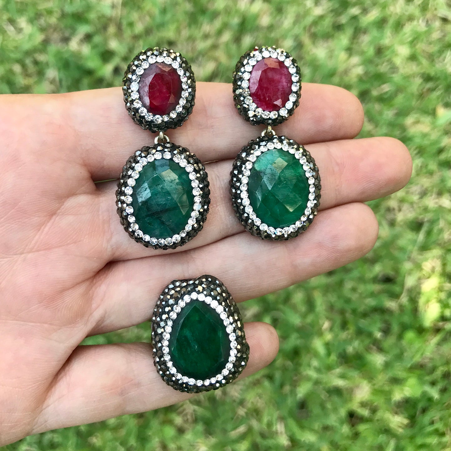 Juego de plata de aretes DOBLES y ANILLO de piedra Natural
