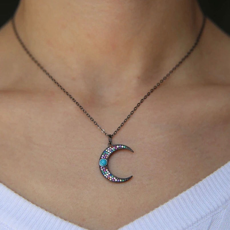 Cadenita CHOKER NEGRA con LUNA con ZIRCONIAS de COLORES