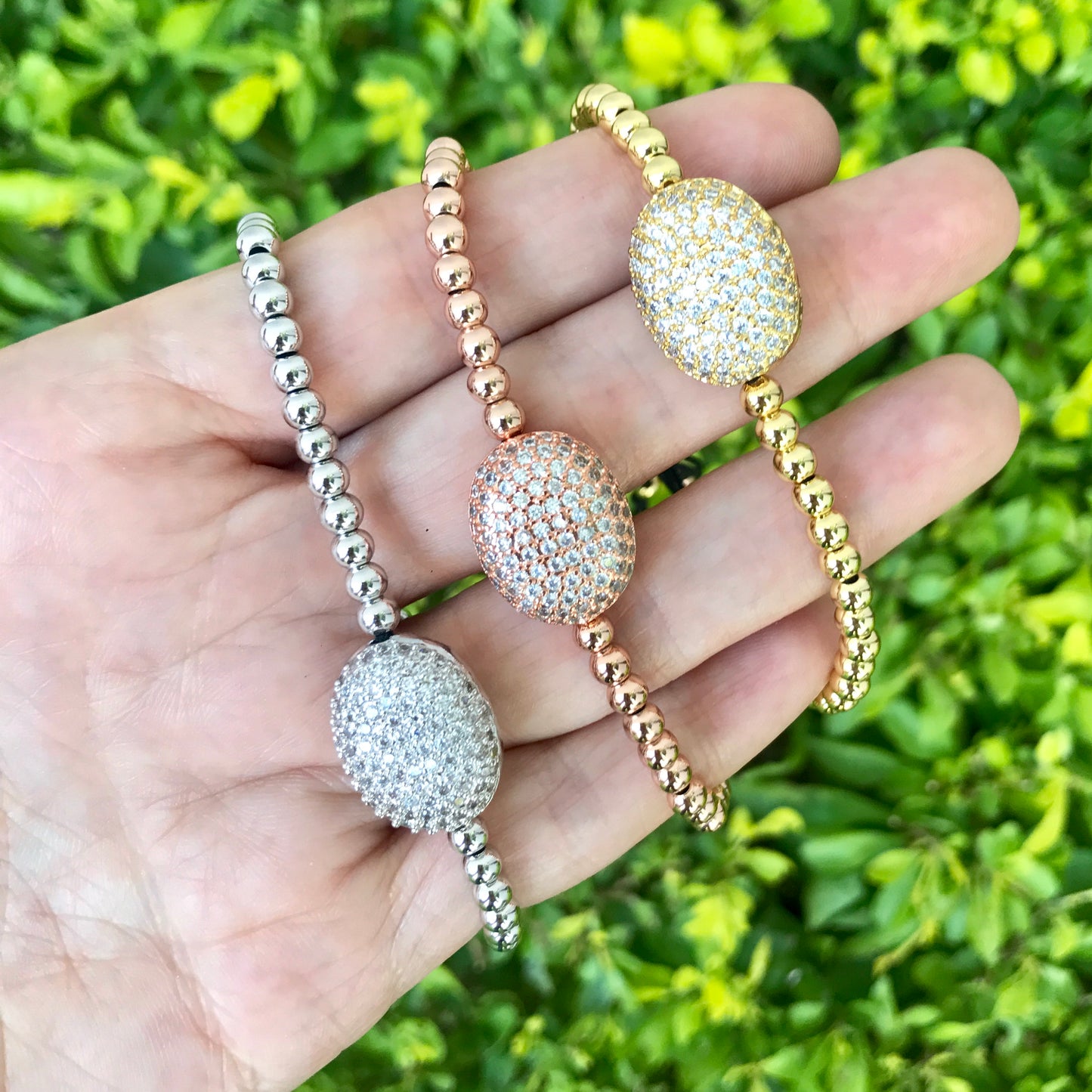 Pulseras AJUSTABLES de bolitas de ACERO INOXIDABLE con OVALO con zirconias
