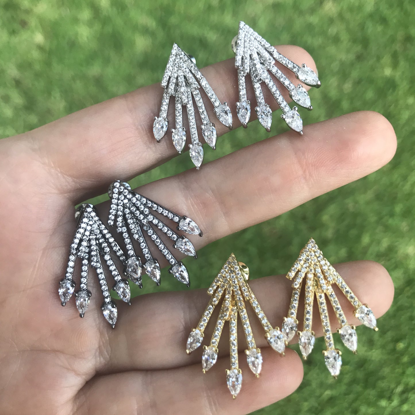 Aretes DOBLES de rodio de PICOS con zirconias