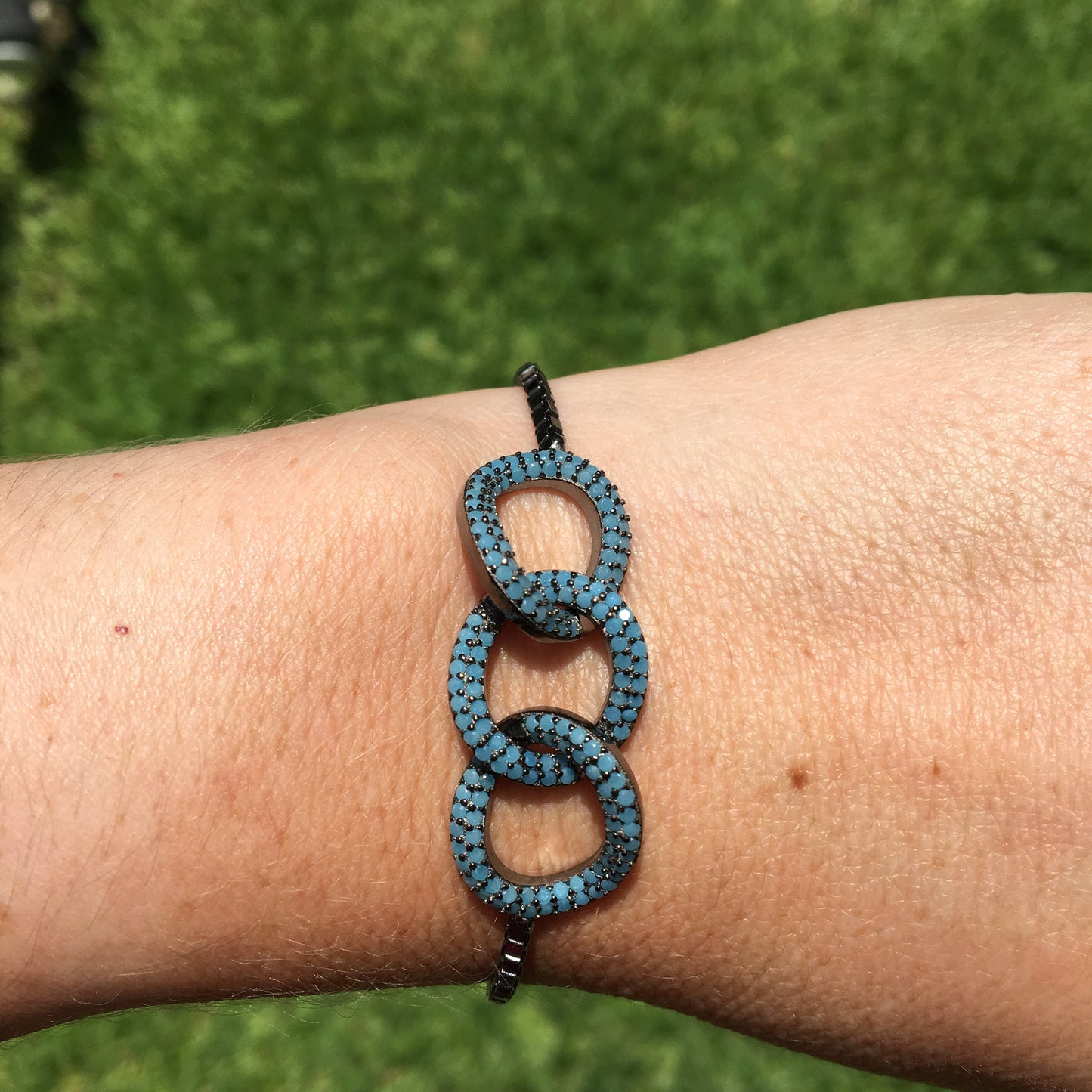 Pulsera ajustable NEGRA de plata con 3 CIRCULOS con PIEDRA TURQUESA