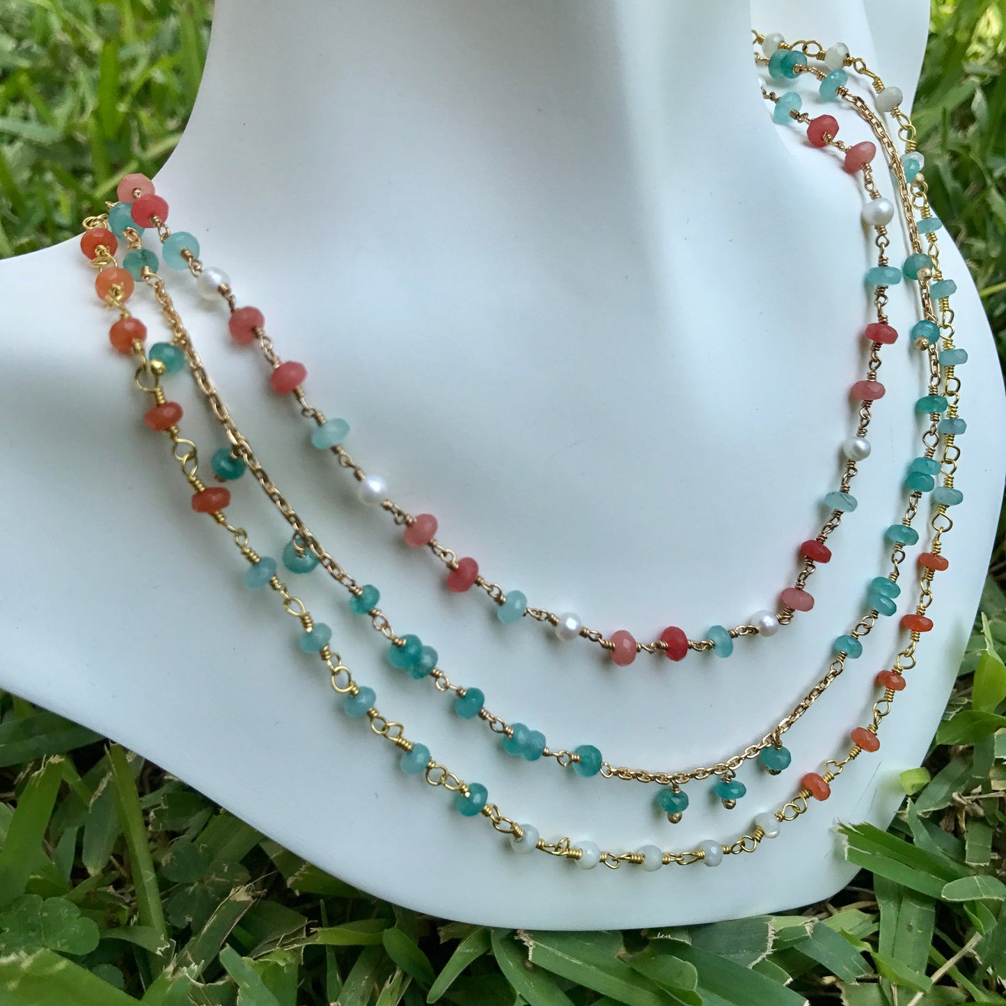 SET de 3 COLLARES de Oro Brasileño y PIEDRA NATURAL