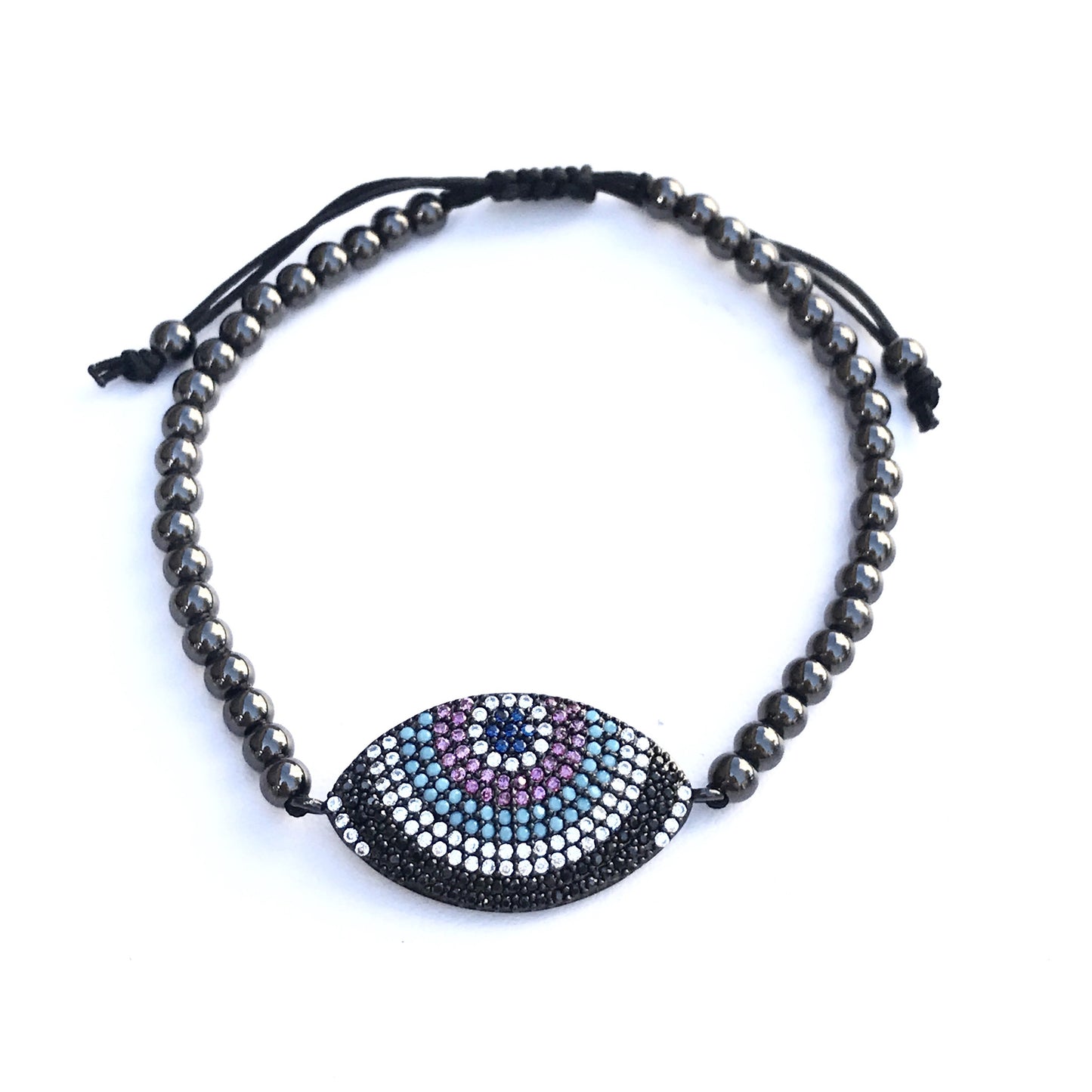 Pulseras AJUSTABLES de bolitas de ACERO INOXIDABLE NEGRAS con OVALO con OJO