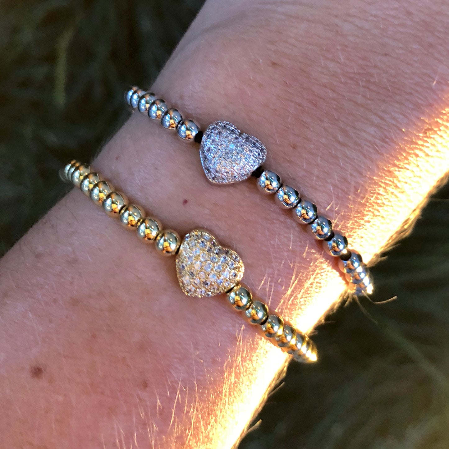 Pulseras AJUSTABLES de bolitas de ACERO INOXIDABLE con CORAZON con ZIRCONIAS