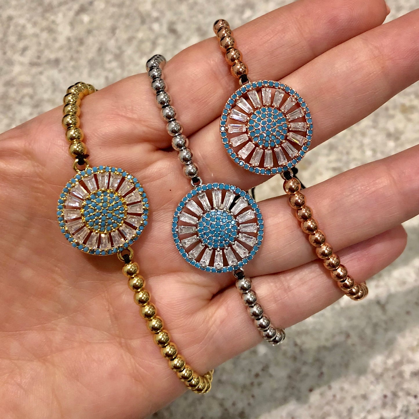 Pulseras AJUSTABLES de bolitas de ACERO INOXIDABLE con SOL con ZIRCONIAS