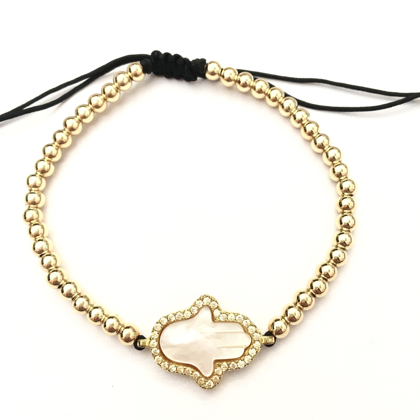 Pulseras AJUSTABLES de bolitas de ACERO INOXIDABLE con MANO HAMSA de MADRE PERLA
