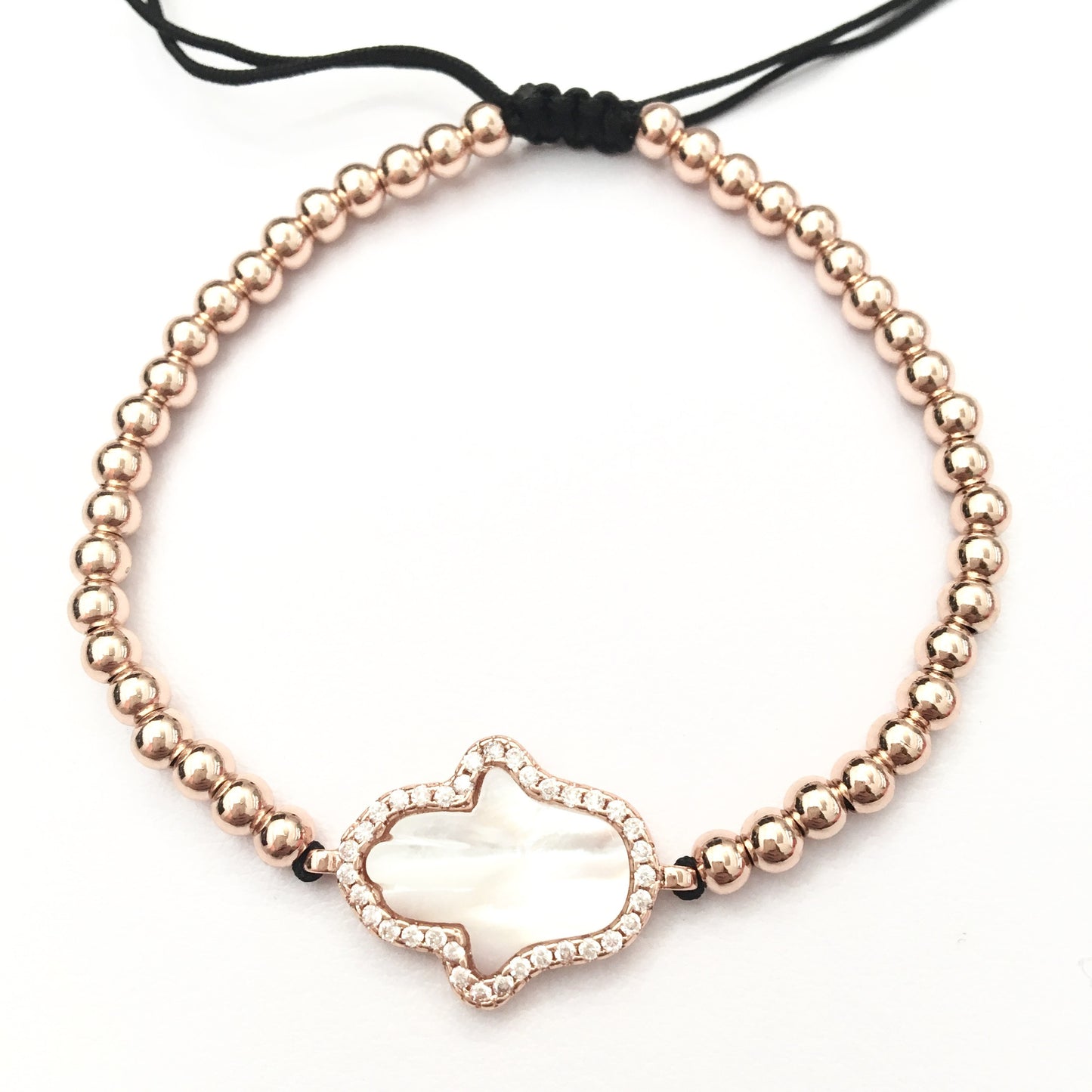 Pulseras AJUSTABLES de bolitas de ACERO INOXIDABLE con MANO HAMSA de MADRE PERLA