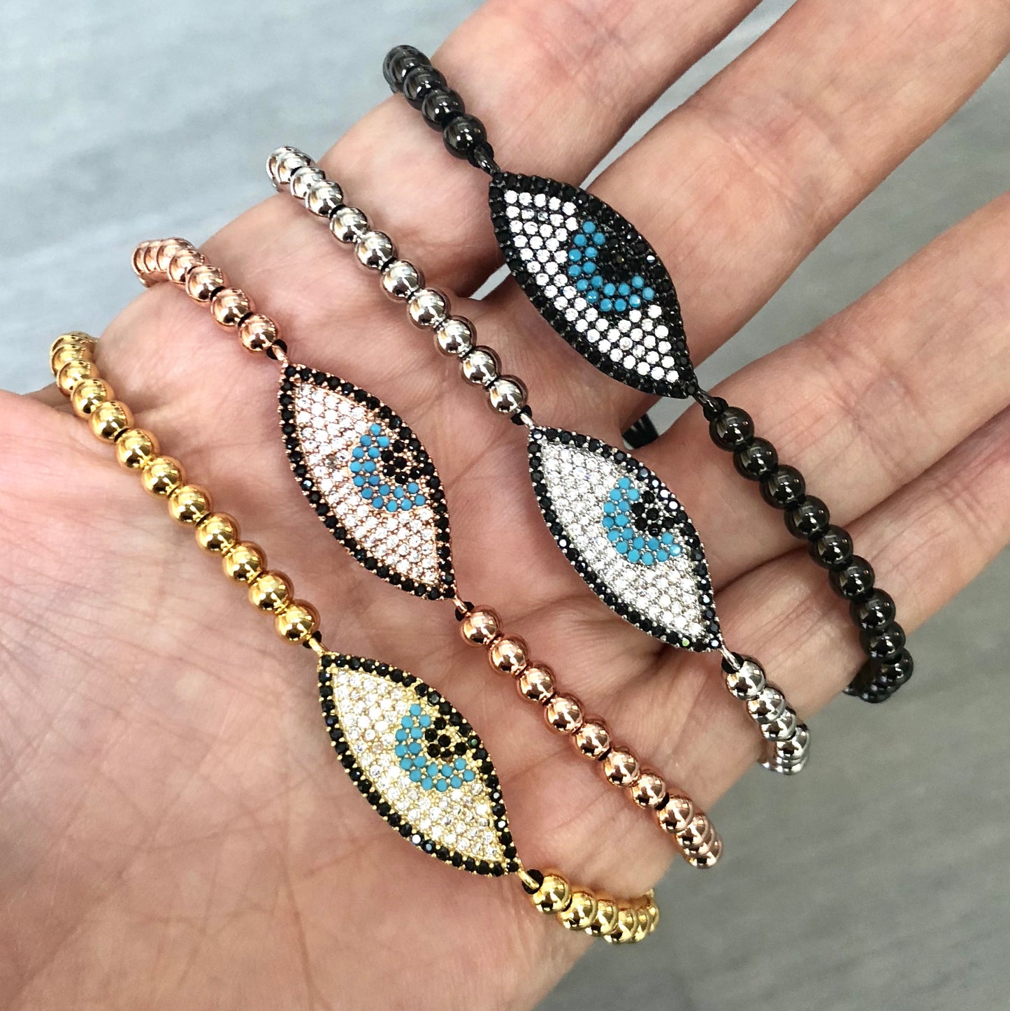 Pulseras AJUSTABLES de bolitas de ACERO INOXIDABLE con OVALO ANGOSTO con OJO