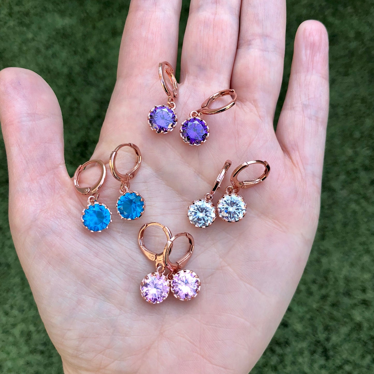 Arracada ROSA con CRISTAL redondo COLGANTE