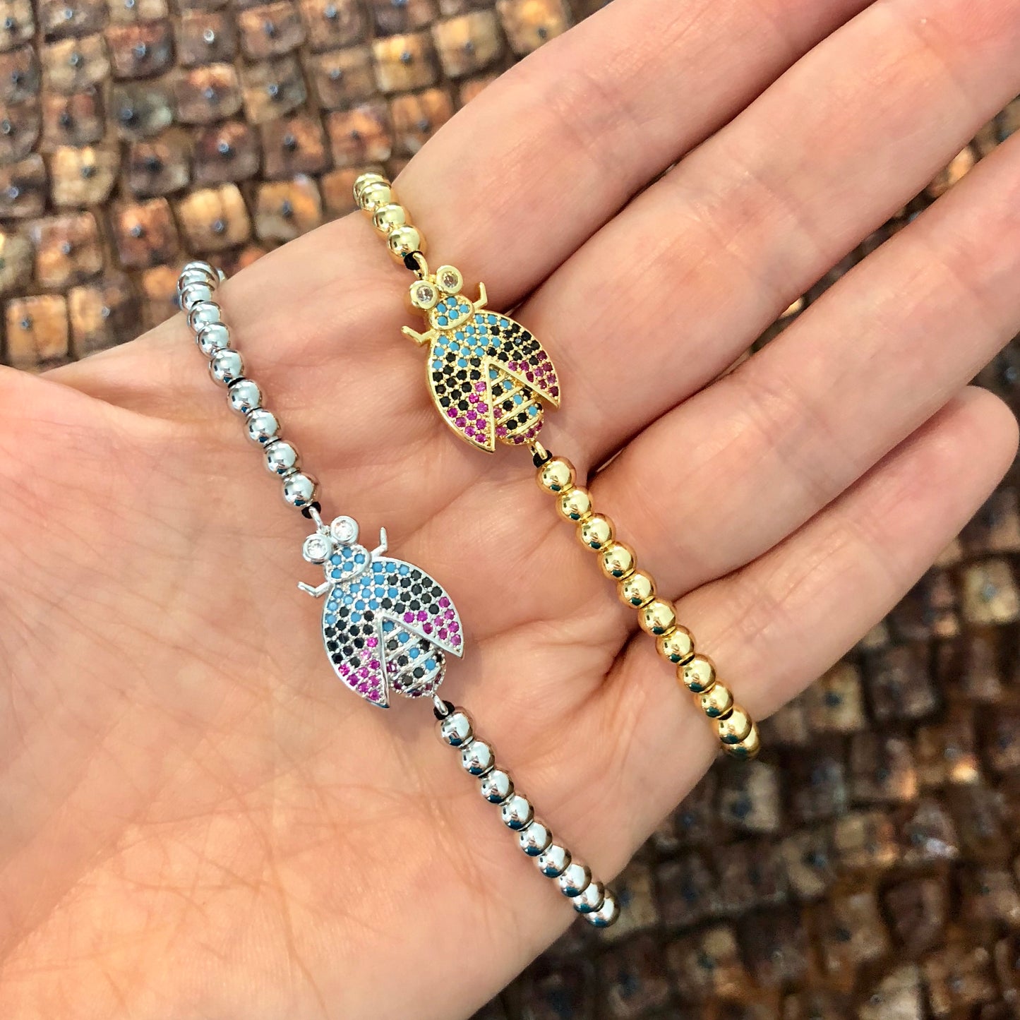 Pulseras AJUSTABLES de bolitas de ACERO INOXIDABLE con CATARINA