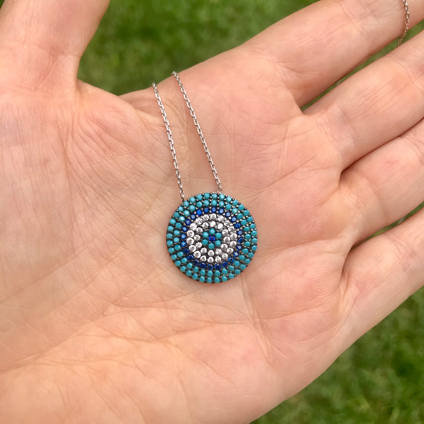 Cadenita de plata con CIRCULO con OJITO y piedritas TURQUESAS