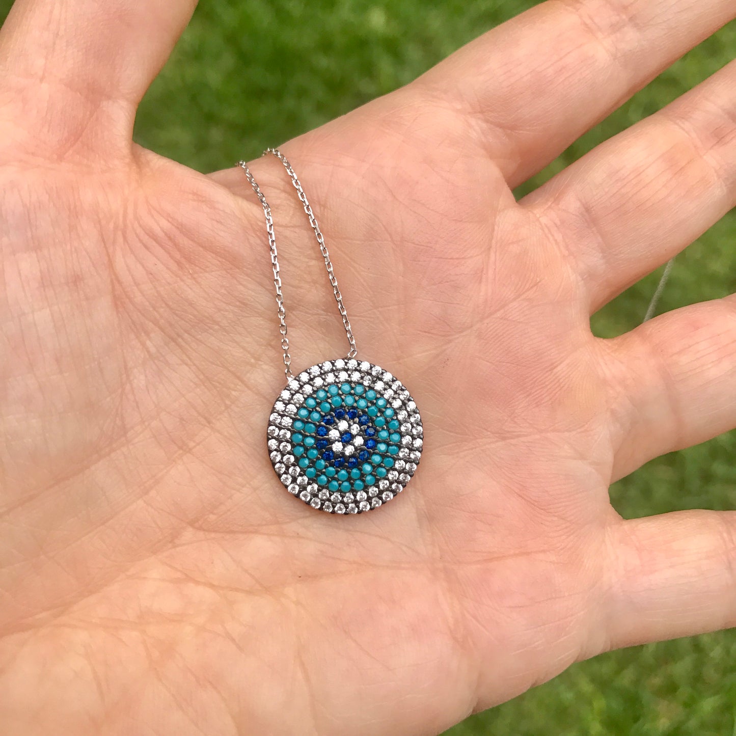 Cadenita de plata con CIRCULO con OJITO y piedritas TURQUESAS