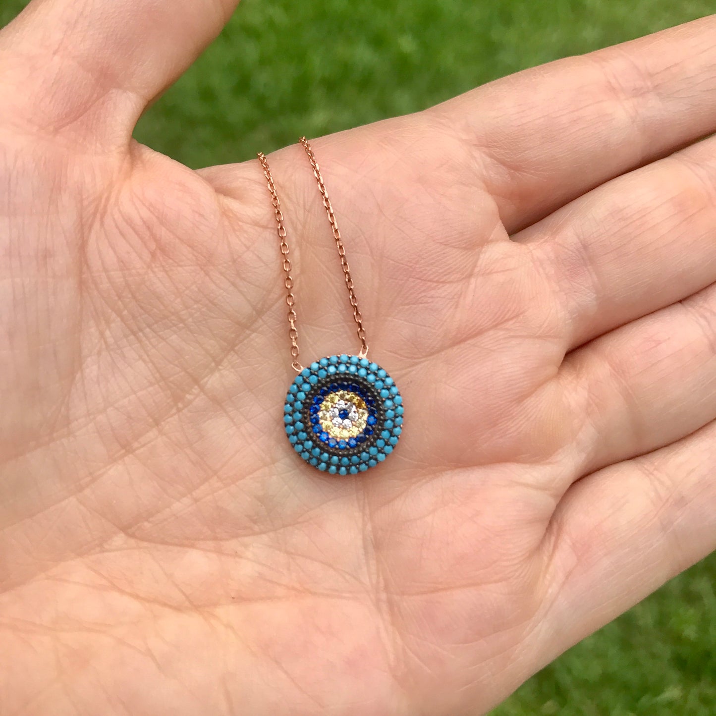 Cadenita de plata con CIRCULO con OJITO y piedritas TURQUESAS