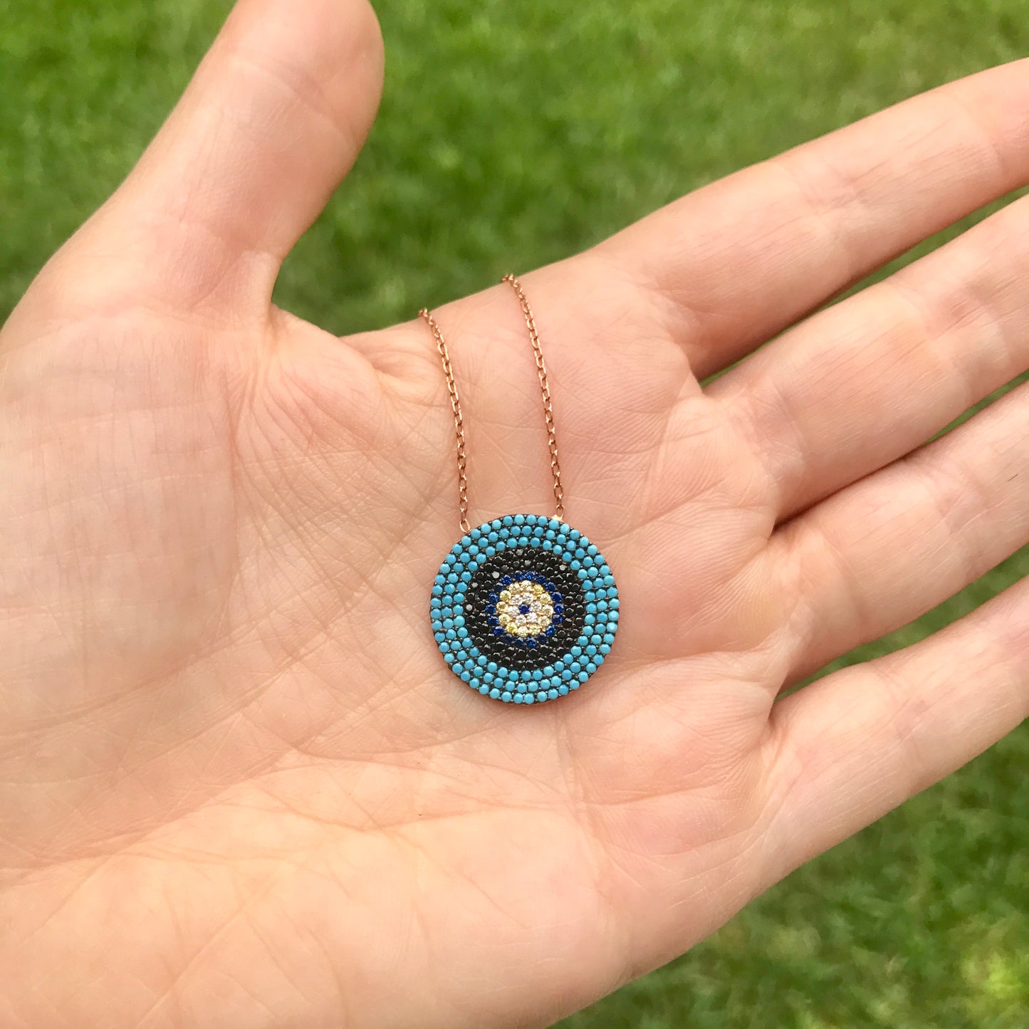 Cadenita de plata con CIRCULO con OJITO y piedritas TURQUESAS