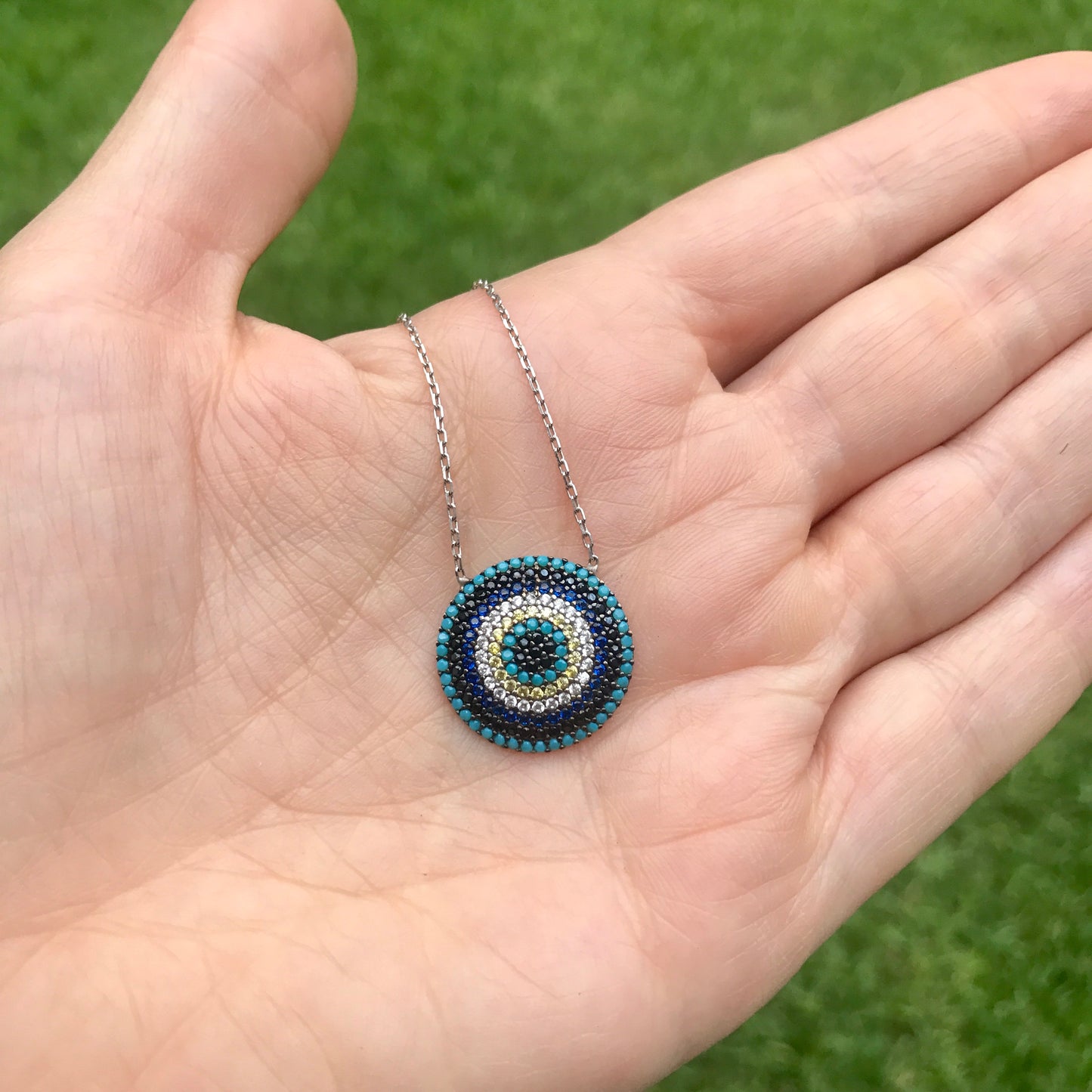 Cadenita de plata con CIRCULO con OJITO y piedritas TURQUESAS