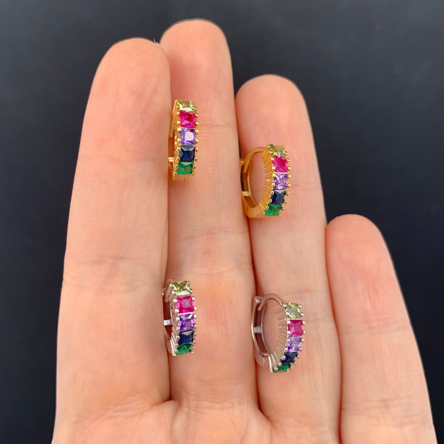 Arracadas de plata con BAGUETTES cuadrados RAINBOW