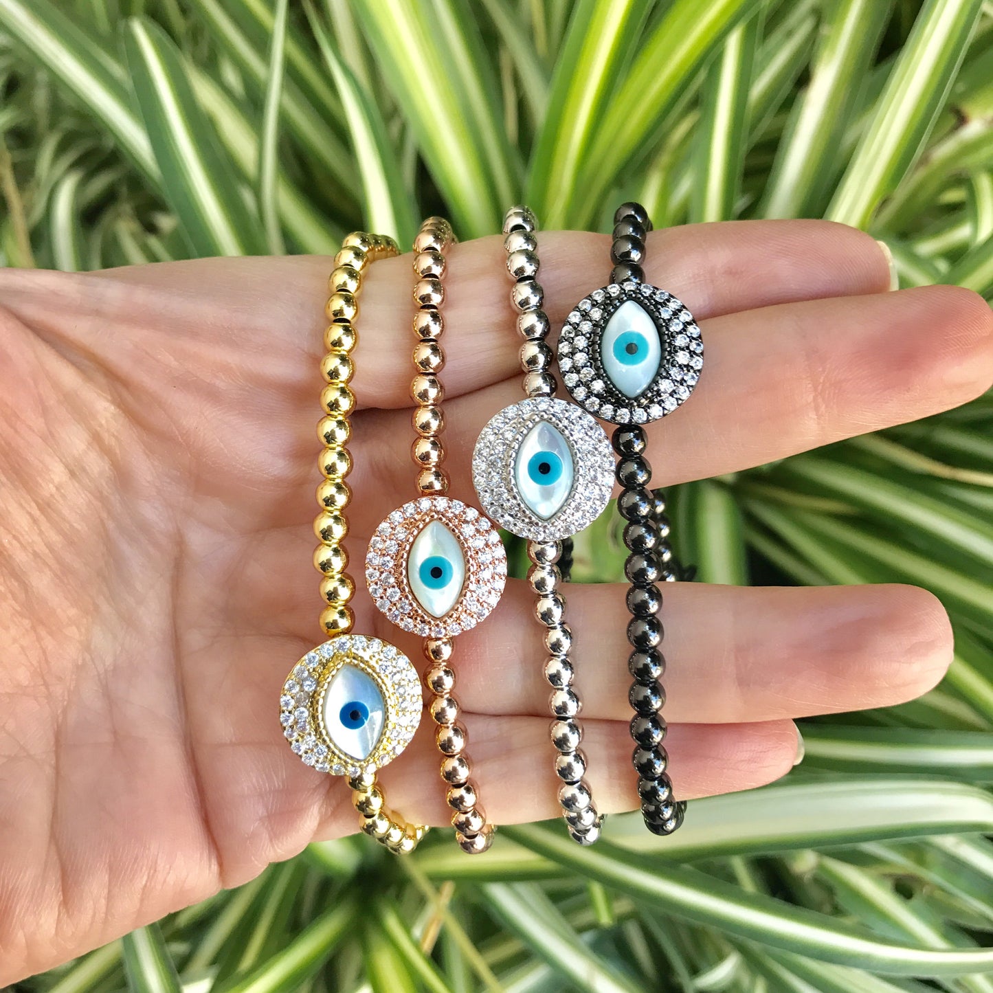 Pulseras AJUSTABLES de bolitas de ACERO INOXIDABLE con CIRCULO con OJO