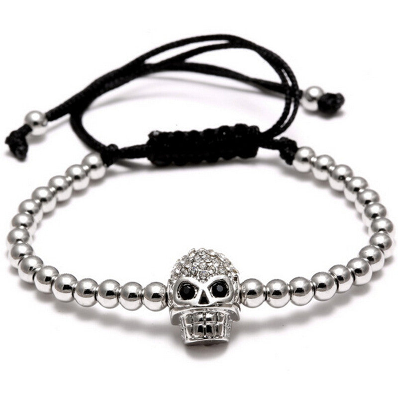 Pulseras AJUSTABLES UNISEX de bolitas de ACERO INOXIDABLE con CALAVERA