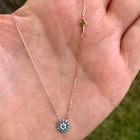 Cadenita de plata .925 con CRUZ y CIRCULO con TURQUESAS
