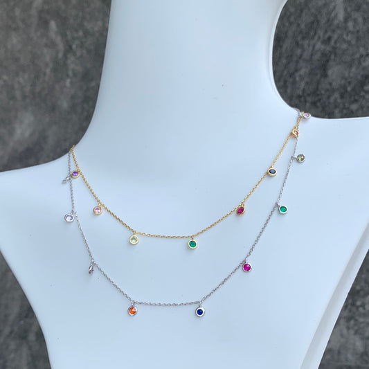 Cadenita CHOKER de plata con 10 zirconias COLGANTES de COLORES
