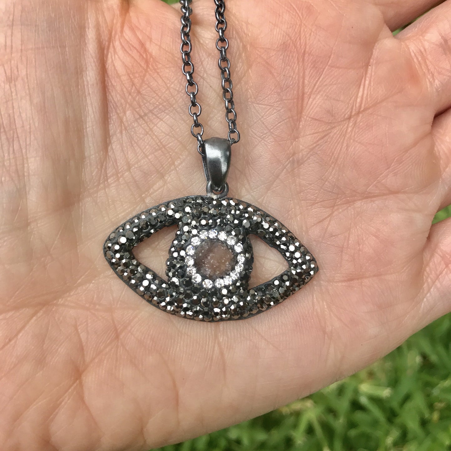 Cadenita NEGRA de plata .925 con OVALO con OJO con PIEDRA NATURAL y HEMATITA