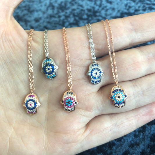 Cadenita de plata .925 con MANITA HAMSA con PIEDRITAS NATURALES