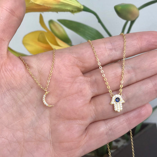 Cadenitas CHOKERS de plata .925 con MANO HAMSA y LUNA