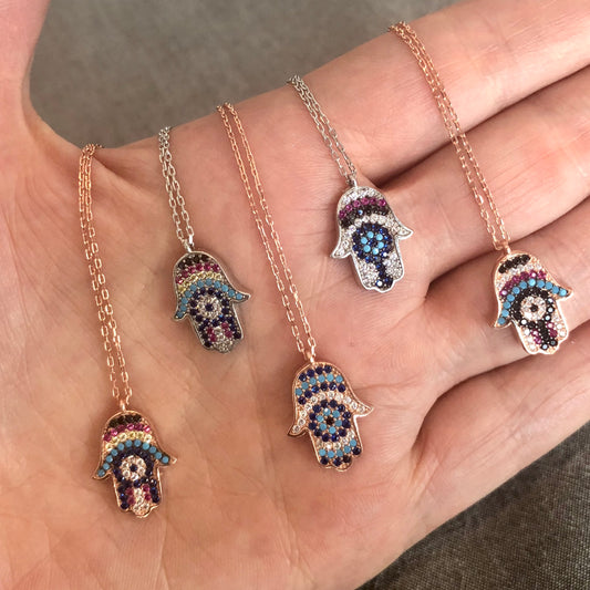 Cadenita de plata .925 con MANITA MEDIANA HAMSA con PIEDRITAS NATURALES