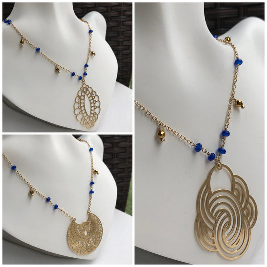 COLLAR de Oro Brasileño con PIEDRITAS NATURALES AZULES y DORADAS con DIJE
