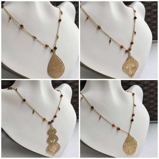 Collar de Oro Brasileño con Piedras Naturales de OJO DE TIGRE y con DIJE