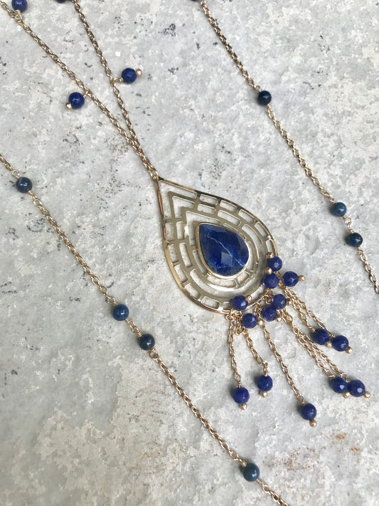 SET DE 2 Collares LARGOS de Oro Brasileño con Piedras Naturales de LAPIZ LAZULI  y con DIJE