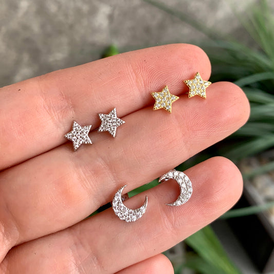 Aretes de PLATA de LUNAS y ESTRELLAS cubiertas con ZIRCONIAS