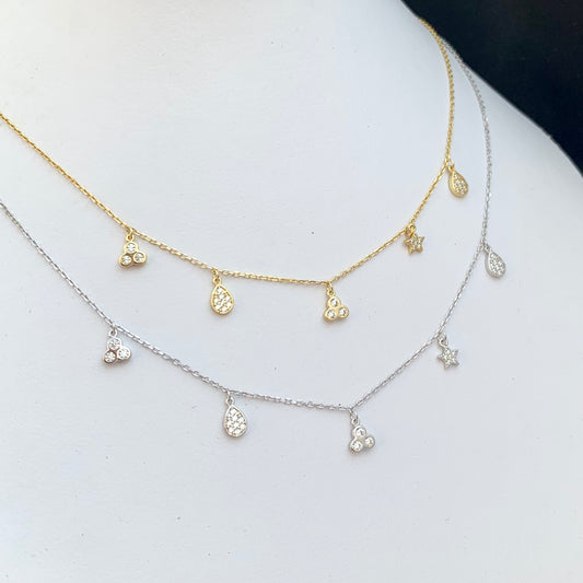 Cadenita CHOKER de PLATA con dijes de ESTRELLA, GOTA y TRIPLE CIRCULITO