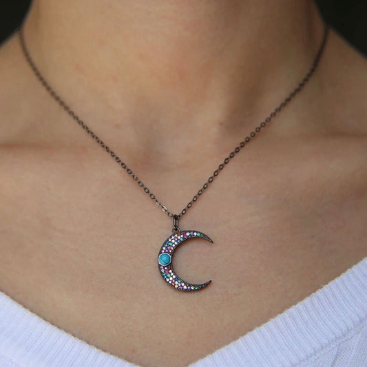 Cadenita CHOKER NEGRA con LUNA con ZIRCONIAS de COLORES